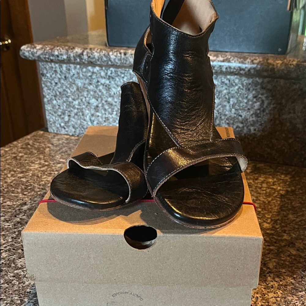 Bed Stu Black Leather Open-Toe Heels 9.5-10